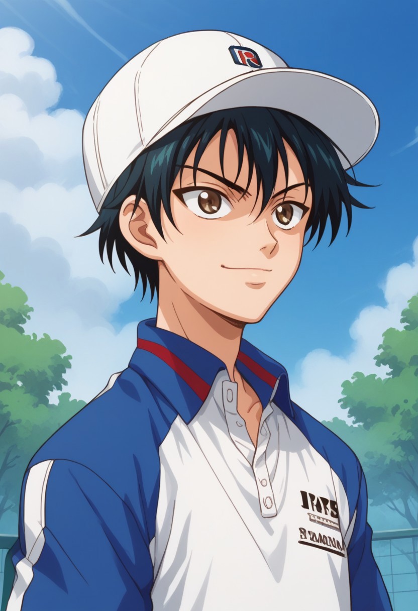 score_9, score_8_up, score_7_up, source_anime, highly detailed, 
echizen, 1boy, male focus, solo, black hair, short hair, hat, baseball cap, white headwear, brown eyes, sportwear, tennis uniform, shirt, white shirt, blue shirt, short sleeves, raglan sleeves, smile, determined
outdoor, sky, tree, cloud