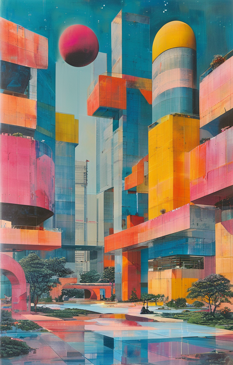 masterpiece,best quality,<lora:tbh311-sdxl:0.9>,illustration,designed by Rem Koolhaas Postmodern corporate headquarters with playful, colorful elements reminiscent of Michael Graves