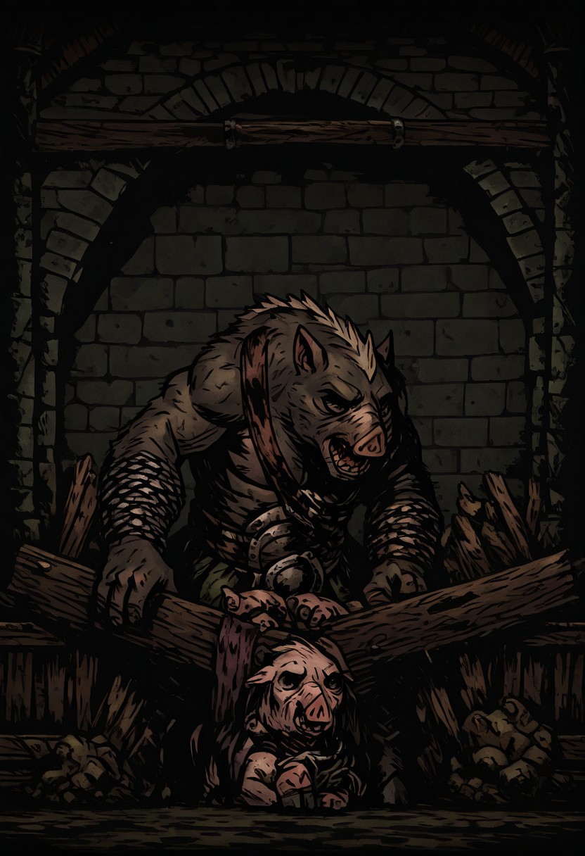 masterpiece, best quality, newest, absurdres, highres,  
TTCSV1.0,
DDWarrens-BGV1.0, dark, scenery, indoors, 
1boy, 
DD-SwinemanV1.0, swine, pig, anthro, furry, furry male, muscular male,