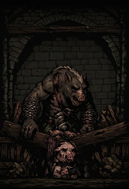 masterpiece, best quality, newest, absurdres, highres,
TTCSV1.0,
DDWarrens-BGV1.0, dark, scenery, indoors,
1boy,
DD-SwinemanV1.0, swine, pig, anthro, furry, furry male, muscular male,