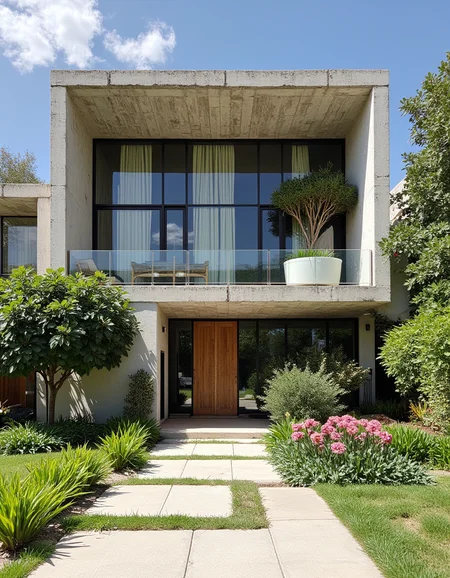 architectural photography, detailed, professional photography,
exterior photo of a Eco Brutalist modern mansion made of concrete with lush floral and greenery,  large floor to ceiling windows, modern chandelier and staircase, sunny, day time, 
  <lora:iphone-dev-6:1> iphone photo