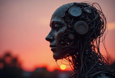 The wired Artwork is positioned in the right Side of the Image, golden circle rule, 1/3, A bleaked analog photo of a weathered Overgrown wired-cyborg Garden Statue, moody outworn, intricated fine wires design, Made of wires and technical parts, very artsy, moody Silhouette of an modern Art piece infront of the Low Toned orange pink lighting of the setting evening sun Breaks cinematic through the holes in the cyborg, volumetric lighting CloseUp,