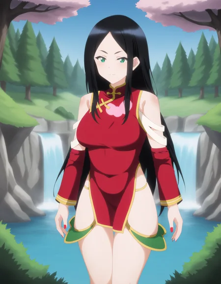 score_9
BREAK
kongming_olis, 1girl, solo, black hair, very long hair, green eyes, china dress, red dress, arm strap, red sleeves, panty straps, thigh ribbon, nail polish, looking at viewer, cowboy shot, arms at sides, closed mouth
BREAK
scenery, nature, forest, waterfall, blue sky
<lora:kongming_MaouSamaRetryR_ponyxl_v1_char:1> <lora:kongming_MaouSamaRetryR_ponyxl_v1_style:1>