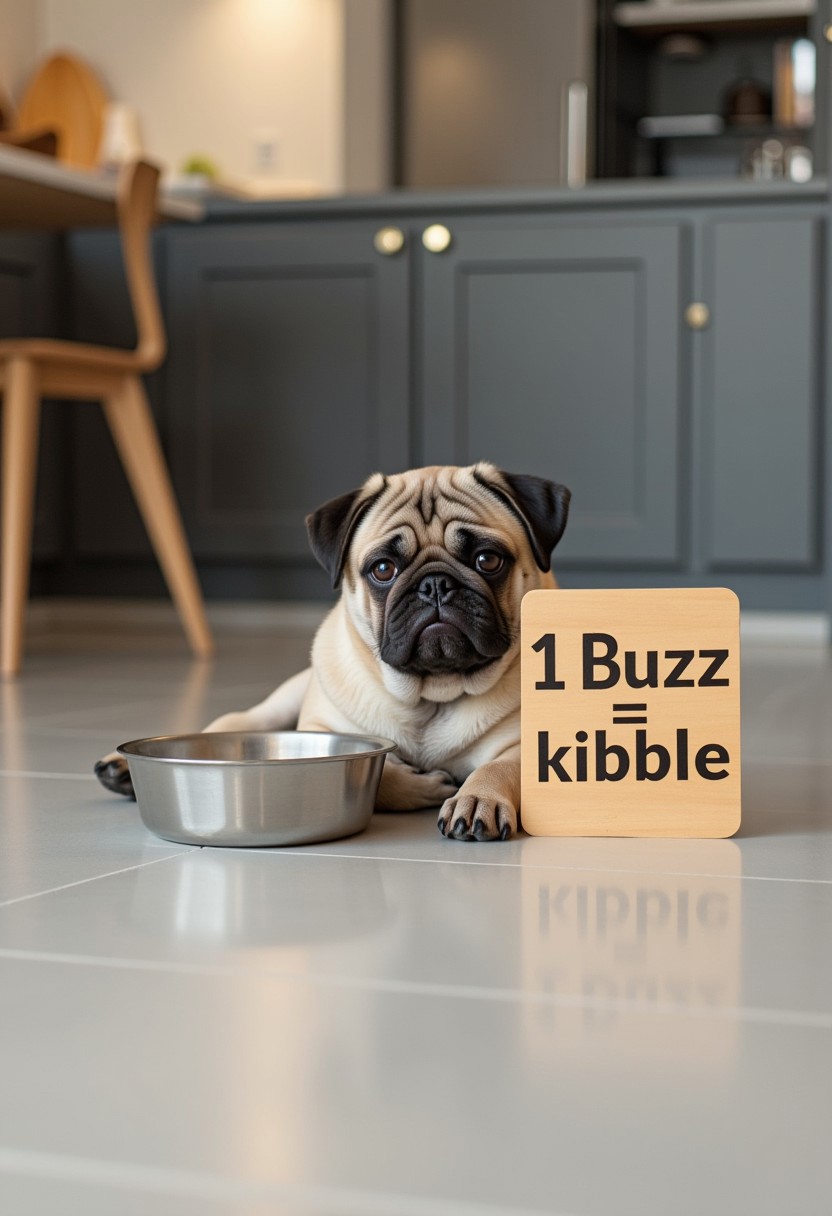 Amateur photography of big fawn pibull puppy laying down in a modern-style kitchen. The pug is next to an empty food bowl and there's a legible sign to the other side of him that reads, "1 Buzz = 1 kibble". The pibull is looking at the viewer and looks very sad.