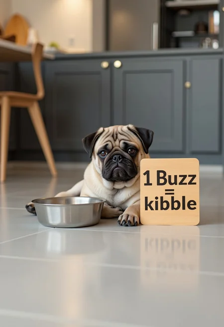 Amateur photography of big fawn pibull puppy laying down in a modern-style kitchen. The pug is next to an empty food bowl and there's a legible sign to the other side of him that reads, "1 Buzz = 1 kibble". The pibull is looking at the viewer and looks very sad.