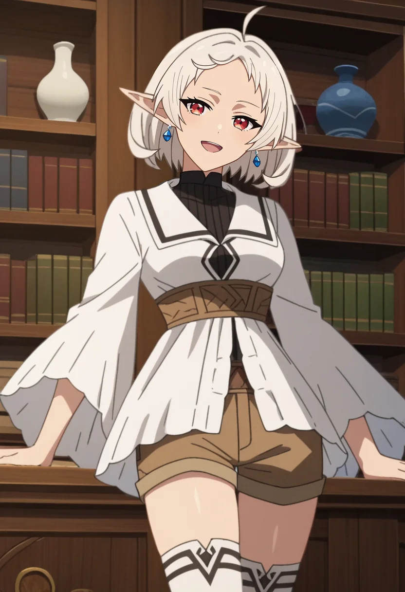 score_7_up, anime screencap,
<lora:MushokuTensei_SlyphietteMomXL:0.8>, SylphyMT,
1girl, solo, open mouth, light smile, light blush,
white hair, multicolored eyes, forehead, ahoge, medium hair, pointy ears, earrings,
black shirt, white dress, wide sleeves, underbust, short shorts, brown shorts, white thighhighs,
head tilt, facing viewer, looking at viewer,
indoors, wood, bookshelf, vase