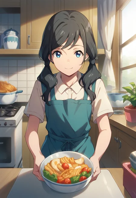 score_9, score_8_up, score_7_up, source_anime, hina amano, blue eyes, black hair, 1girl, smile, solo, low-tied long hair, apron, looking at viewer, hair ornament, kitchen, indoors, food, stove, shirt