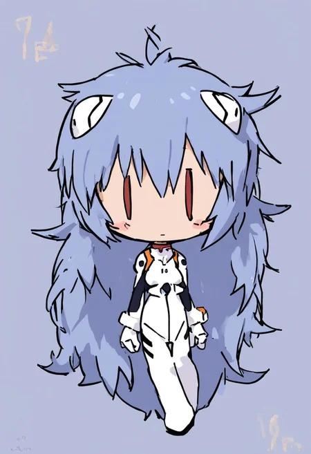 score_4,score_5,score_6,score_7_up,score_8_up,score_9 ((masterpiece,best quality,ultra detailed,highres,HD,4k:1.2)),
1 girl,solo,face focus,
chibi,full body,deformed,| |,
ayanami_rei,rei ayanami, blue hair, ((long hair, Messy Hair:1.2)),red eyes, head gear,
bodysuit, headgear, plugsuit, neon_genesis_evangelion, white bodysuit,
closed mouth,blush,Expressionless,