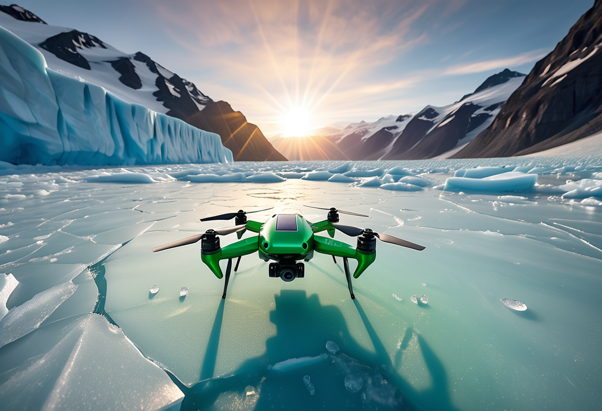 award winning, (professional photo) of (lightweight nano green drone) with lightweight-plastic body, solar-powered rotors,   the drone is flying over  a treacherous glacier, with hidden crevasses, slippery surfaces, and the constant danger of avalanches - a sunlit glacier, with the ice sparkling under the bright sun, reflecting a dazzling array of colors , at sunset, , creative, beautiful, vibrant, masterpiece, 64k, UHD, HDR, full view, atmospheric lighting, extremely detailed