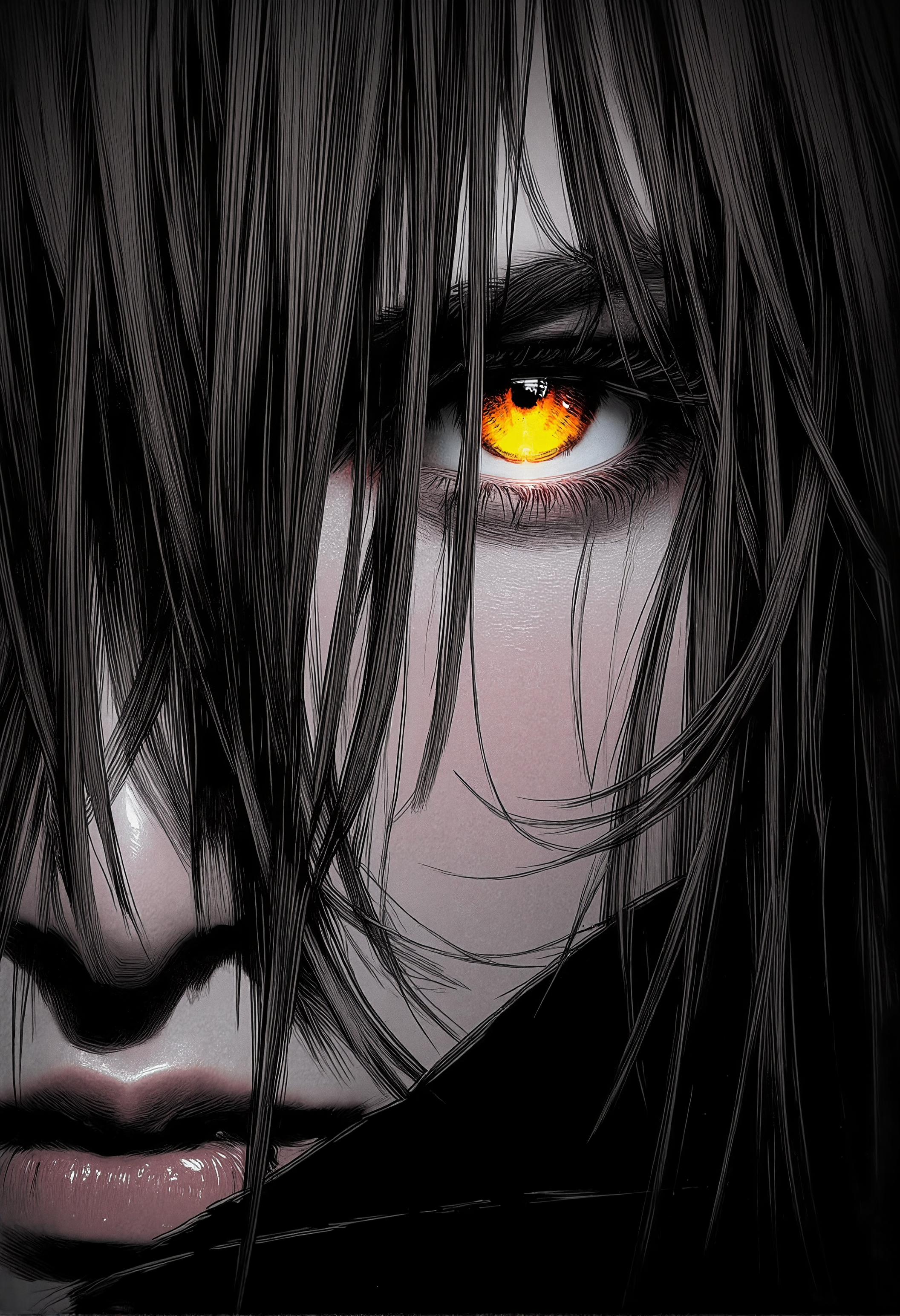 bv-anibrush, xslx scribble. A close-up of a strikingly beautiful young woman in a dark, futuristic dystopian cityscape at night, her salt and pepper hair flowing slightly disheveled, blending into the shadows. The faint glow of distant neon signs reflects off her sharp facial features. Her glowing eyes pierce through the surrounding darkness, capturing a sense of intensity and focus. The camera focuses on her face and hair, highlighting her determined expression and the subtle roughness of the art style with sketch-like textures, seen from slightly from behind, her hair framing her face as she looks over her shoulder, <lora:bv-anibrush-v1-flux.safetensors:1.0:1.0> <lora:Risograph_Style_FLUX_by_Ethanar-000001.safetensors:1.0:1.0> <lora:scribble-flux-v1.safetensors:0.5:0.5>