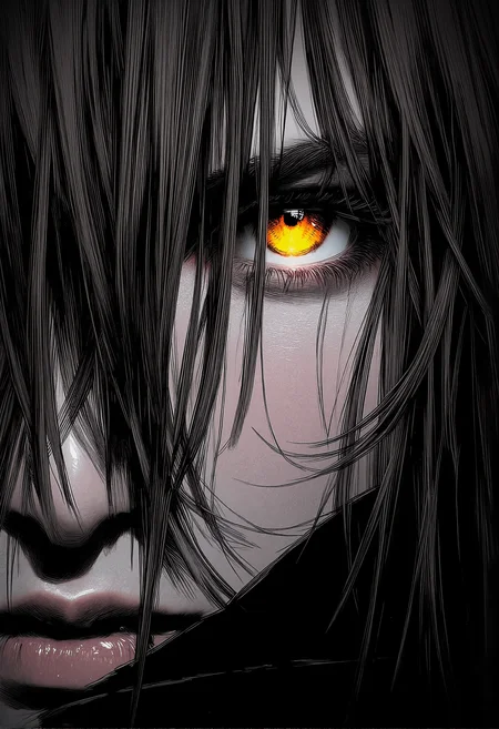 bv-anibrush, xslx scribble. A close-up of a strikingly beautiful young woman in a dark, futuristic dystopian cityscape at night, her salt and pepper hair flowing slightly disheveled, blending into the shadows. The faint glow of distant neon signs reflects off her sharp facial features. Her glowing eyes pierce through the surrounding darkness, capturing a sense of intensity and focus. The camera focuses on her face and hair, highlighting her determined expression and the subtle roughness of the art style with sketch-like textures, seen from slightly from behind, her hair framing her face as she looks over her shoulder, <lora:bv-anibrush-v1-flux.safetensors:1.0:1.0> <lora:Risograph_Style_FLUX_by_Ethanar-000001.safetensors:1.0:1.0> <lora:scribble-flux-v1.safetensors:0.5:0.5>