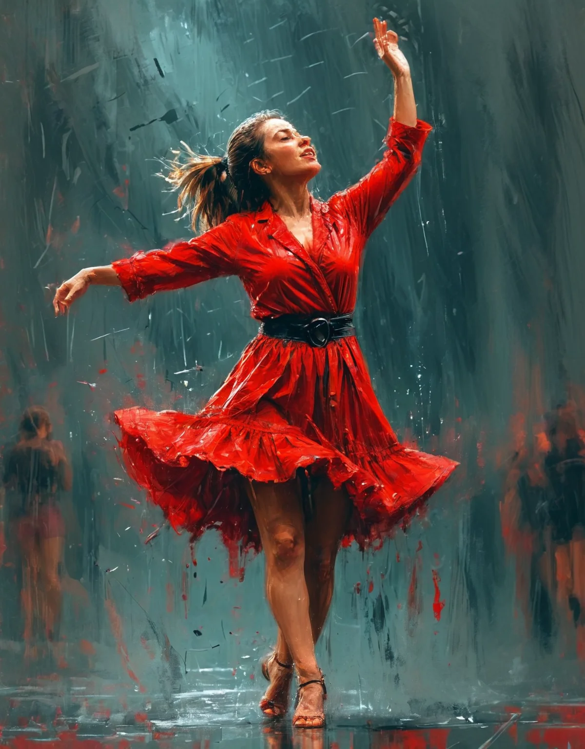 mix of photography and digital art, a woman dancing in the rain, bold brushstrokes <lora:EpiCPainting:1.2>