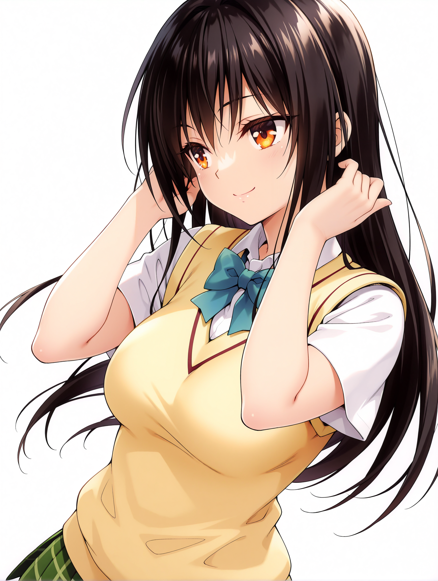 masterpiece,best quality,newest,
1girl,solo,general,
<lora:kotegawa_yui_ilxl_v1.2:1>,yui,black hair,long hair,orange eyes,y_clothes,short sleeve blouse,sweater vest,green plaid skirt,
<lora:Fixhands_anime_bdsqlsz_V1:1>,dynamic_angle,cinematic_angle,seductive_smile,white background,simple_background,hand_in_hair,upper_body,