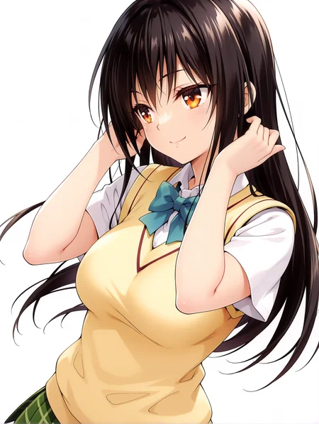masterpiece,best quality,newest,
1girl,solo,general,
<lora:kotegawa_yui_ilxl_v1.2:1>,yui,black hair,long hair,orange eyes,y_clothes,short sleeve blouse,sweater vest,green plaid skirt,
<lora:Fixhands_anime_bdsqlsz_V1:1>,dynamic_angle,cinematic_angle,seductive_smile,white background,simple_background,hand_in_hair,upper_body,