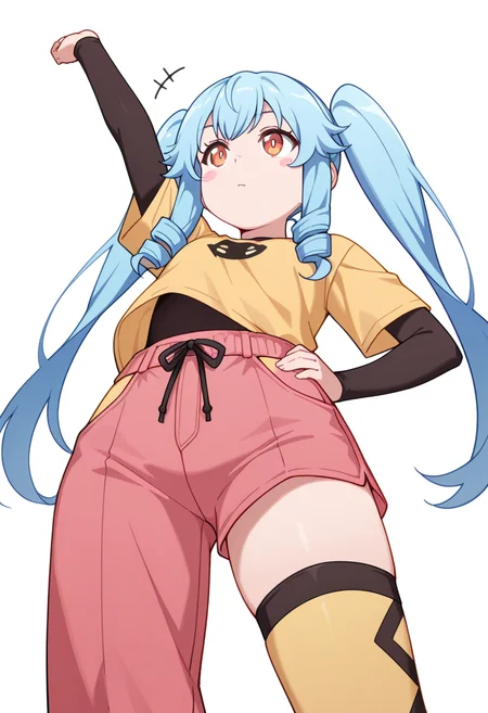 masterpiece,high quality details, absurdres, 
stretching, one arm raised, other on hip, slight side bend, relaxed body,  ,
 <lora:Michiru_Kusagakure:0.8>
michiru_cnr, 1girl, blue hair, long hair, twintails, drill hair, sidelocks, orange eyes, blush stickers,, =v=,, simple background, white background, from below,solo,, undershirt,t-shirt,flared pants,  ,single thighhigh,