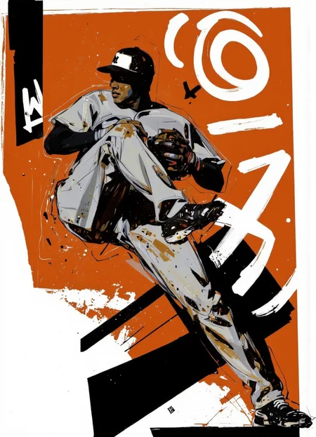 By Martin French. A digital illustration in a bold, abstract style featuring a stylized silhouette of a baseball player in a dynamic pose. the player is positioned in the middle of the image, wearing a grey and black baseball uniform with a cap, and black pants. the background is a bright orange with splashes of white and black, creating a chaotic and dynamic composition. the style is reminiscent of urban art, with bold lines and abstract shapes that create a sense of movement and energy. on the left side of the illustration, the player's body is positioned with one leg bent and the other extended, giving the impression of a powerful and dynamic action. the overall effect is a striking piece of art that is both visually striking and captivating. <lora:Martin_French:1>