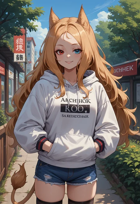 score_9, score_8_up, source_anime, 1girl, solo, ArchettoAK, heterochromia, blonde hair, long hair, animal ears, lion tail, white hoodie, denim shorts, black thighhighs, skindentation, hands in pockets, outdoors, smile, smug, <lora:ChamArchettoPonyXL:1>