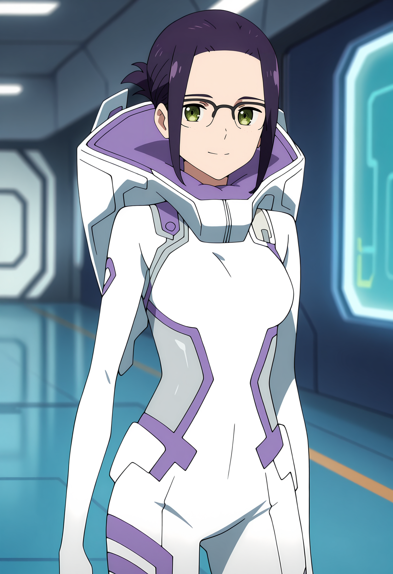 anime screencap, masterpiece, best quality,
<lora:DarlingInTheFranxx_Ikuno_IlluXL:0.9>,
1girl, solo, closed mouth, light smile,
folded ponytail, parted bangs, forehead, short hair, purple hair, green eyes, over-rim eyewear,
white bodysuit, hood, purple trim, skin tight,
standing, looking at viewer, cowboy shot,
indoors, science fiction, blurry background