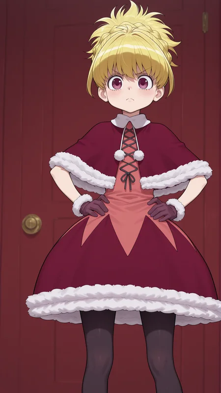masterpiece, best quality, amazing quality, 1girl, solo, <lora:IlluBiscuit:1> illubiscuit, purple eyes, blonde hair, braid, gloves, dress, black pantyhose, fur trim, capelet, red dress, drawstring, hands on own hips, frown,