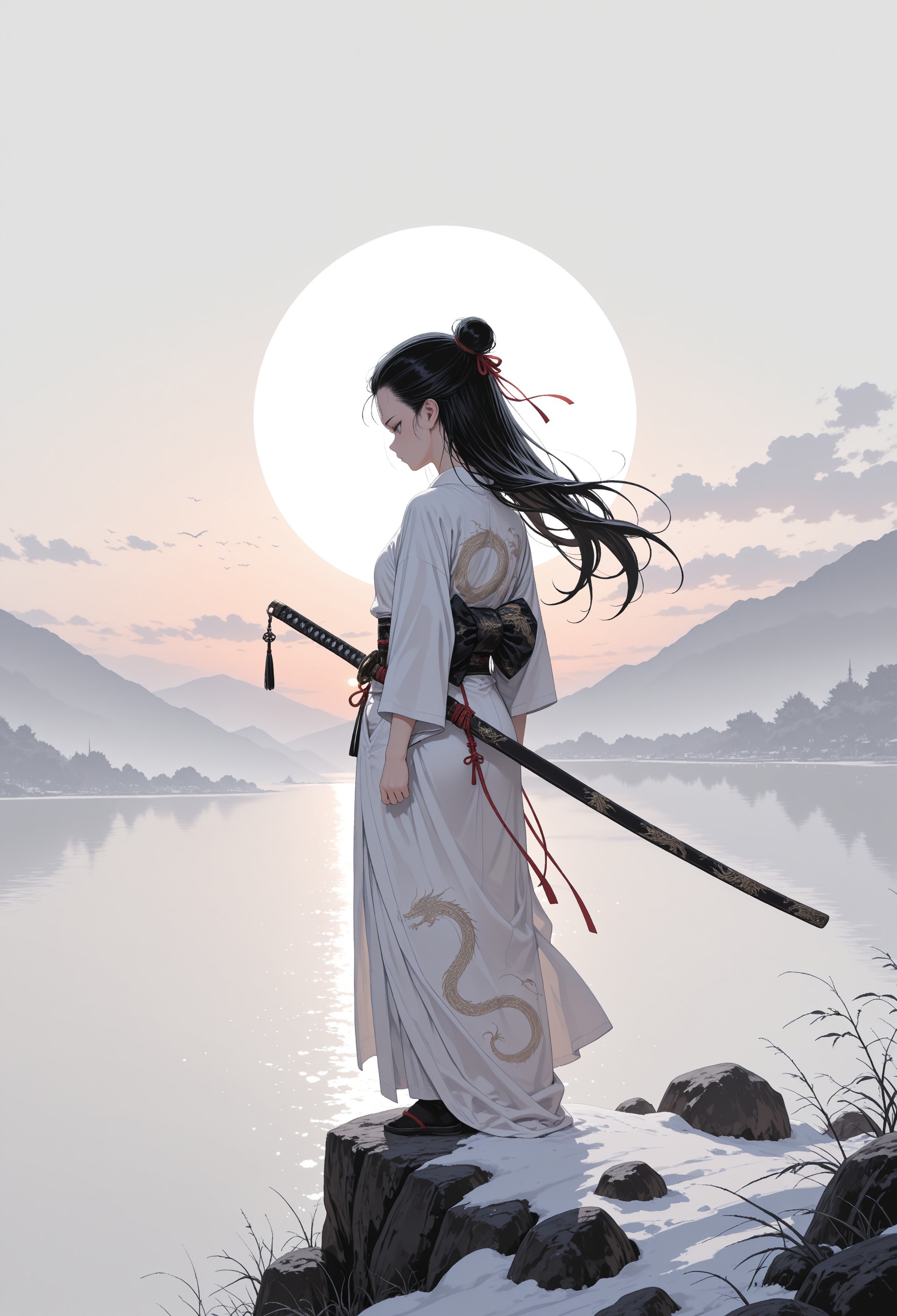 masterpiece, best quality, amazing quality, very aesthetic, incredibly absurdres, newest, highres, absurdres,focused subject,no lineart, no outlines, volumetric lighting, scenery, 1girl, solo, long hair, black hair, single bun, red ribbon, japanese clothes, dragon print, sword, katana, hair pulled back,  sunset, white theme,fine art,back view