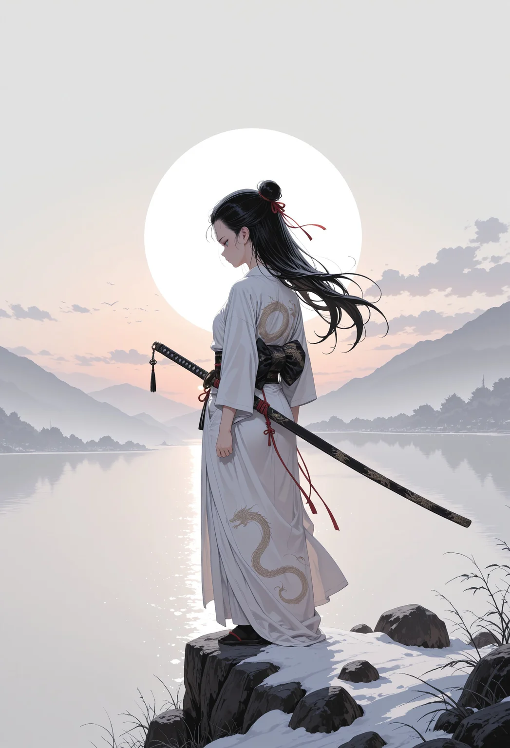masterpiece, best quality, amazing quality, very aesthetic, incredibly absurdres, newest, highres, absurdres,focused subject,no lineart, no outlines, volumetric lighting, scenery, 1girl, solo, long hair, black hair, single bun, red ribbon, japanese clothes, dragon print, sword, katana, hair pulled back, sunset, white theme,fine art,back view