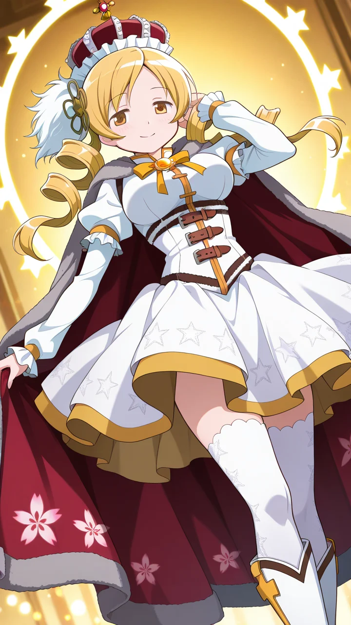 solo, smile, dynamic angle,, masterpiece, best quality, amazing quality, very aesthetic, absurdres, newest, anime screencap, <lora:mamitomoeILM:1>, tomoe mami, yellow eyes, drill hair, twin drills, twintails, long hair, very long hair, blonde hair, hair ornament, breasts, large breasts, holy mami, magical girl, red crown, floral print, forehead, forehead jewel, halo behind head, frilled headwear, frilled sleeves, frills, white dress, juliet sleeves, long sleeves, grey cape, red cape, two-sided cape, star (symbol), short dressfur-trimmed cape, yellow gemstone, white thighhighs, white boots,
