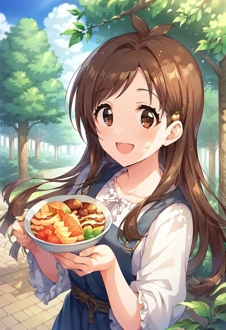 score_9, score_8_up, score_7_up, source_anime,tsujino akari, brown hair, long hair, brown eyes, 1girl, food, solo, smile, tree, outdoors, antenna hair, hair ornament, open mouth, looking at viewer
