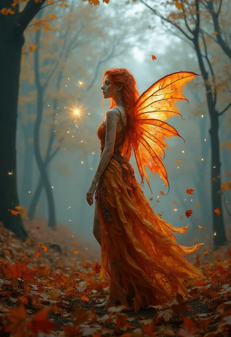 A professional photo of autumn fairy in a fog-covered forest. The fairy’s skin resembles the rich, warm hues of golden oak, with intricate, leaf-like patterns subtly glowing across her body. Her hair is made of fiery red and orange leaves, flowing as if caught in an unseen breeze, blending seamlessly with the vibrant autumn landscape. She has translucent wings, veined like autumn leaves, glowing softly in shades of amber and crimson, fluttering gently as she hovers slightly above the forest floor.
Her dress, crafted from woven vines, bark, and leaves, drapes elegantly around her, perfectly blending with her natural surroundings. The forest around her is dense, with tall trees towering above, their branches adorned with vibrant autumn leaves. The ground is covered in a thick carpet of fallen leaves in shades of red, yellow, and orange, while a soft mist rises from the earth, giving the scene an ethereal, dreamlike quality.
Small, glowing orbs of light float around the fairy, adding a mystical touch as they hover gently in the fog. The overall atmosphere captures the magic of autumn and the delicate balance between nature and enchantment,4k,uhd,RPG Style
