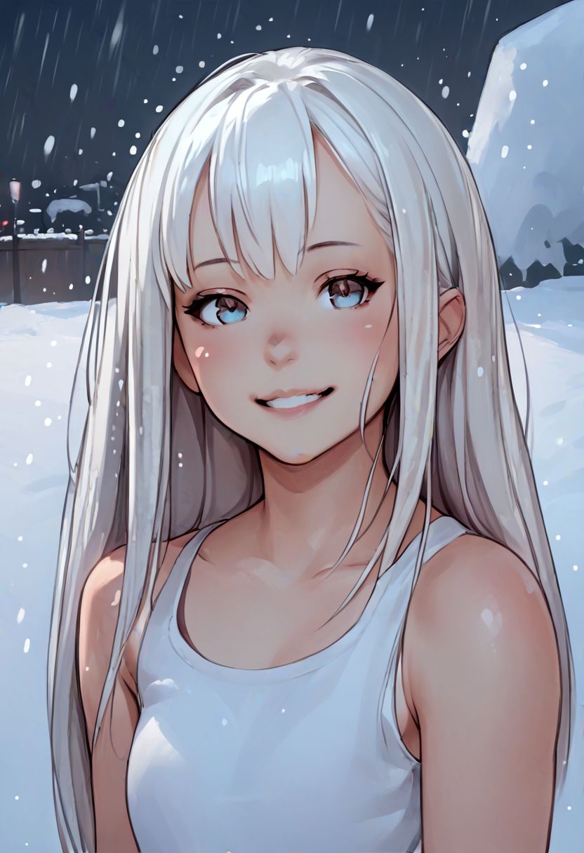score_9, score_8_up, score_7_up, zPDXL, jeffmacanolistyle, 1girl, long hair, white hair, bangs, rede eyes, smiling, snowing, looking at viewer, colored sketch
 <lora:JeffMacanoli_Style_PDXL:0.90>