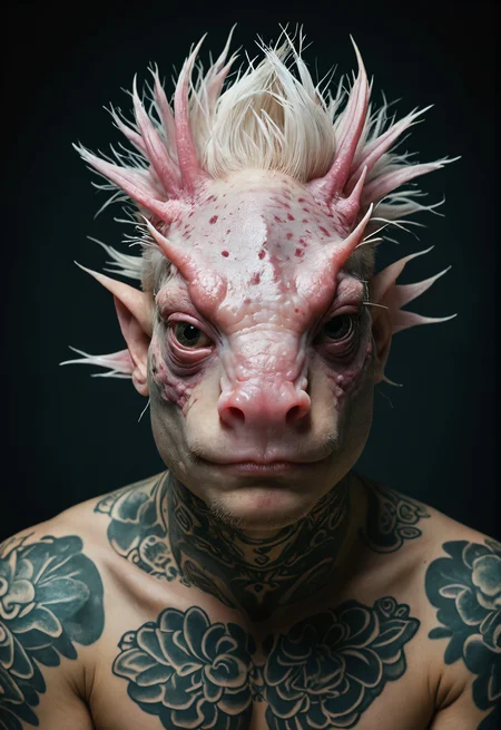 photo,mutation,human with Axolotl head face,studio lighting,tattoos <lora:Photoreal:1.1>