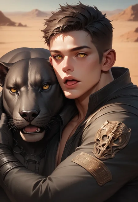 aaPO8bd,score_9,score_8_up,score_7_up,score_6_up,score_6_up,adult, 1man, hug, eye focus, yellow eyes, closed-up, open mouth, (panther), sci-fi bodysuits, aesthetic, sleep, rule of thirds, realistic, tongue, desert, dune, muscular