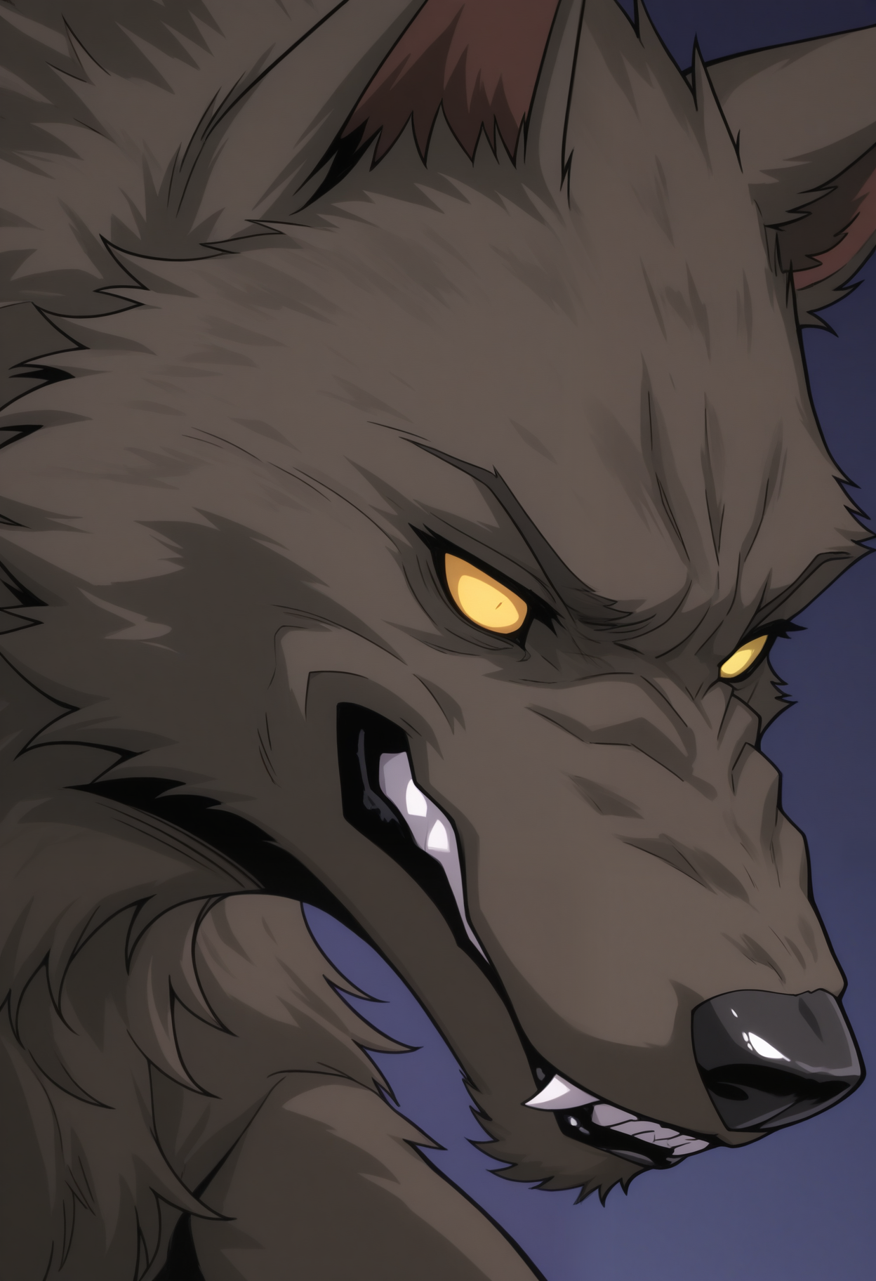 masterpiece,best quality,amazing quality, 1boy, solo, k0b0ld, werewolf, brown fur, colored sclera, no pupils, close up, side angle, smirk,
