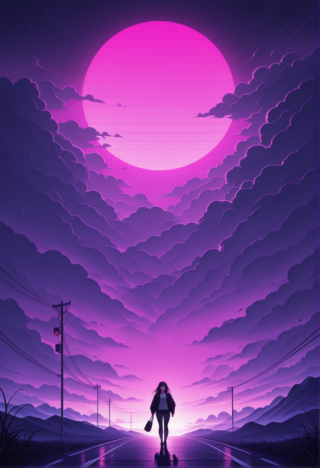 <lora:ck-neon-retrowave-IL-000012:1>, in the style of ck-rw, a woman walking towards the viewer, at night, moon and cloudy sky in the background
masterpiece,best quality,amazing quality