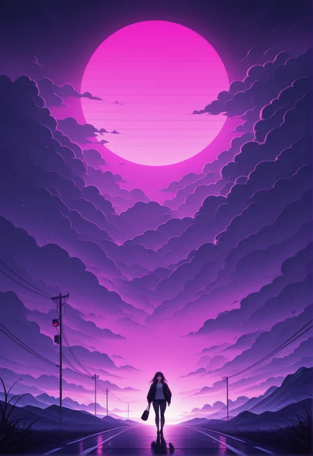 <lora:ck-neon-retrowave-IL-000012:1>, in the style of ck-rw, a woman walking towards the viewer, at night, moon and cloudy sky in the background
masterpiece,best quality,amazing quality