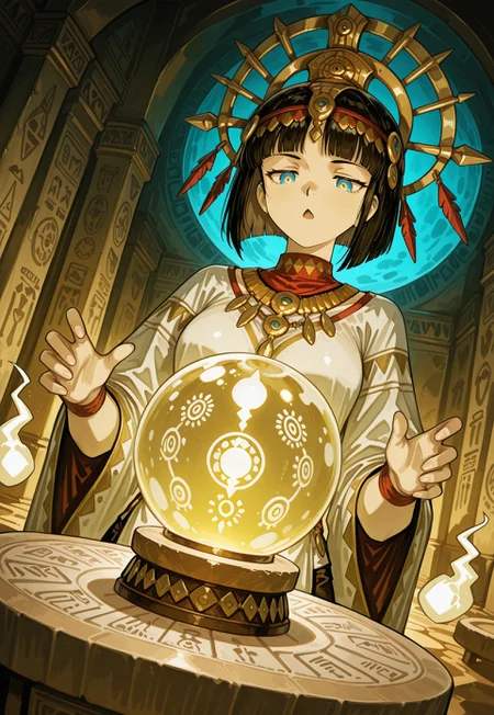 glowing, crystal_ball,
(kay4_ancient_african),
(three quarter view), dutch angle,
1girl, solo, bob cut, (straight hair), looking down, jitome, iridescent eyes, :<, open mouth, awestruck,
fingers,
underground, altar, round stoen table, hieroglyphics, pale yellow energy, hitodama,
[kornod], (urushihara_satoshi:0.3), underlighting,
masterpiece, absurdres, newest, [dynamic pose]