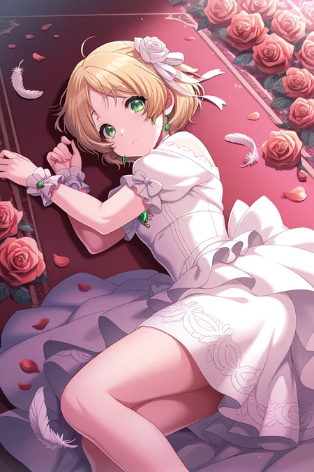 masterpiece, best quality, amazing quality,
 <lora:Miiko_IL:1> miiko, 1girl, dress, green eyes, lying, solo, flower, petals, white dress, feathers, rose, on side, gem, short hair, wrist cuffs, hair ornament, looking at viewer, on floor