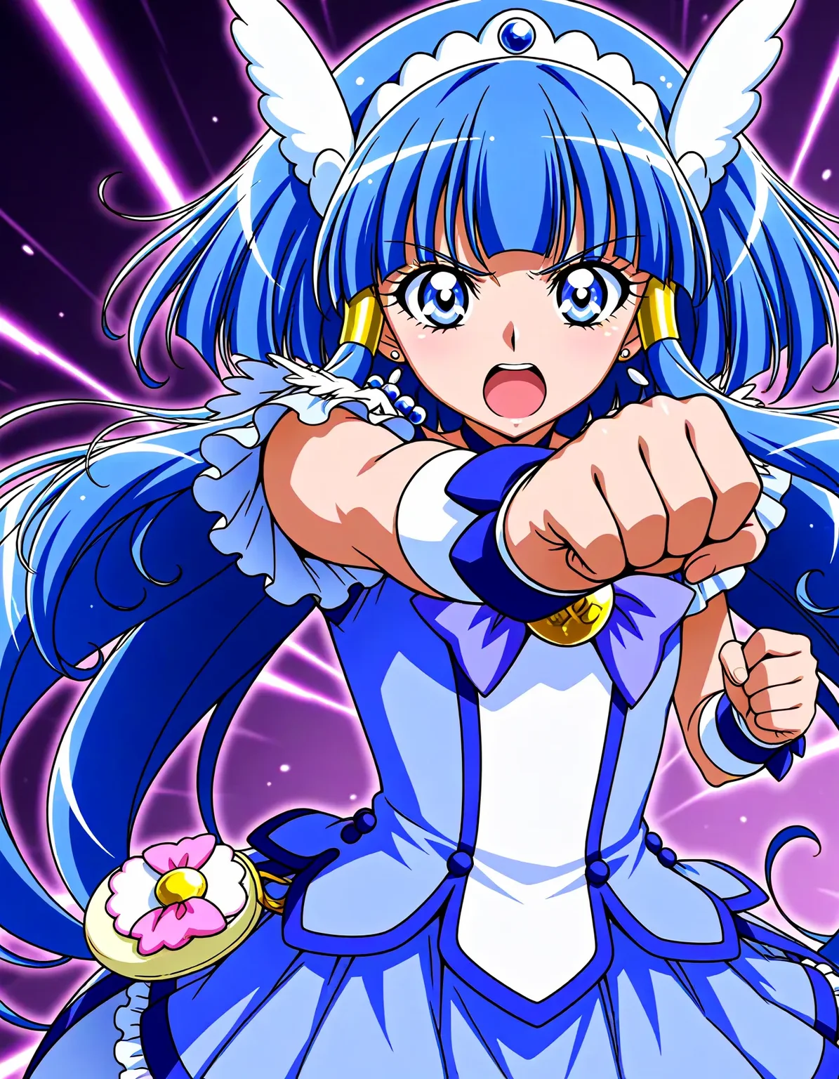 <lora:dmd2_sdxl_4step:1>,official style,masterpiece,best quality,newest,very aesthetic,highly detailed,high resolution,absurdres,highres,depth of field,super detailed skin,very awa,Anime,anime coloring,anime screencap,<lora:cure_beauty_V2:1>,cure beauty,abstract_background,open mouth,punching,