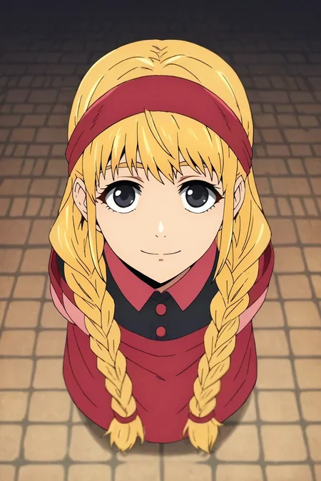 zPDXL, score_9, score_8_up, score_7_up, rating_safe, intricate details, looking at viewer, depth of field, 1girl, black eyes, blonde hair, twin braids, headband,, solo, from above, prairie, dawn, leaning forward, smile, <lora:kami_no_tou_style_pony:0.88>, kami_no_tou_style, , <lora:sdxl_lightning_8step_lora:1>