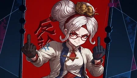 score_9, score_8_up, score_7_up, objection, upper body, multicolored background, red background, kanji,  <lora:Danganronpa3ObjectionCutIn_pdxl_Incrs_v1:1.1>, <lora:purah-pdxl-nvwls-v1:0.8> purah, hair ornament, red headband, red glasses, sleeveless shirt, white coat, gloves, smirk, middle finger,