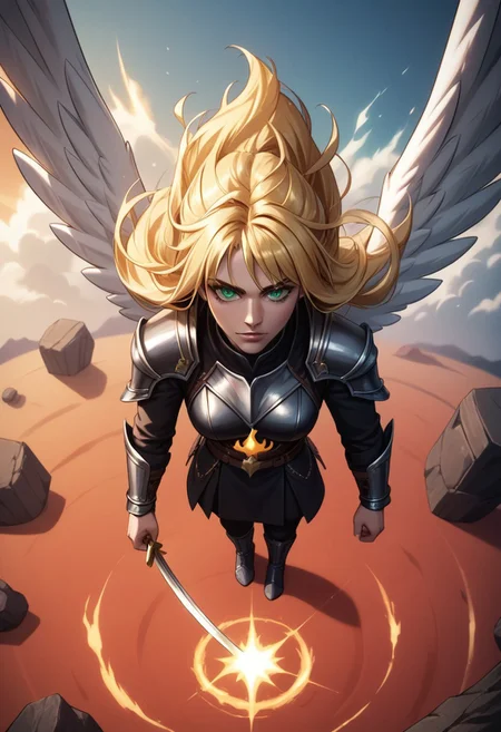 score_9, score_8_up, score_7_up, score_6_up, detailed, extremely detailed, Uriel, green eyes, blonde hair, long hair, majestic, black armor with gold features, graceful look, badass, mighty looking, powering up a strong attack,
large white wings, feathery, wings spreading out behind, white glowing burning sword, white flames, ((holding sword with both hands)), sword facing upwards, holding sword over head, flying, in the sky, high angle,
BREAK
in hell, red sand, dark rocks, gloomy city in background, orange sky, stars visible