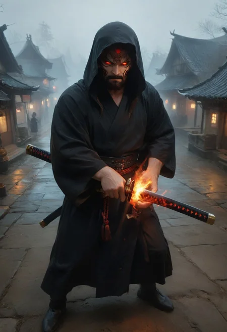 realistic, photorealistic, Expressiveh, score_9, score_8_up, score_7_up, katana,
1man, solo, Samurai, towering stature, masked, action shot, black veil, mature, going berserk, angry, wielding a katana, black robe, sinister, red glow,
source_anime, in the fog, silhouette, small Japanese village on fire, feudal japan, 
from above,