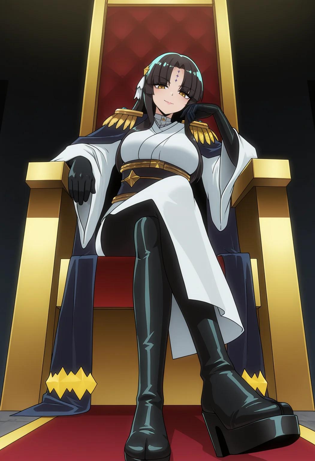 <lora:Lord Enorme_illustrious-000028:1>,
Lord Enorme,solo,sitting,gloves,forehead mark,crossed legs,epaulettes,black footwear,japanese clothes,throne,cape,black gloves,sash,wide sleeves,seductive_smile,from_below