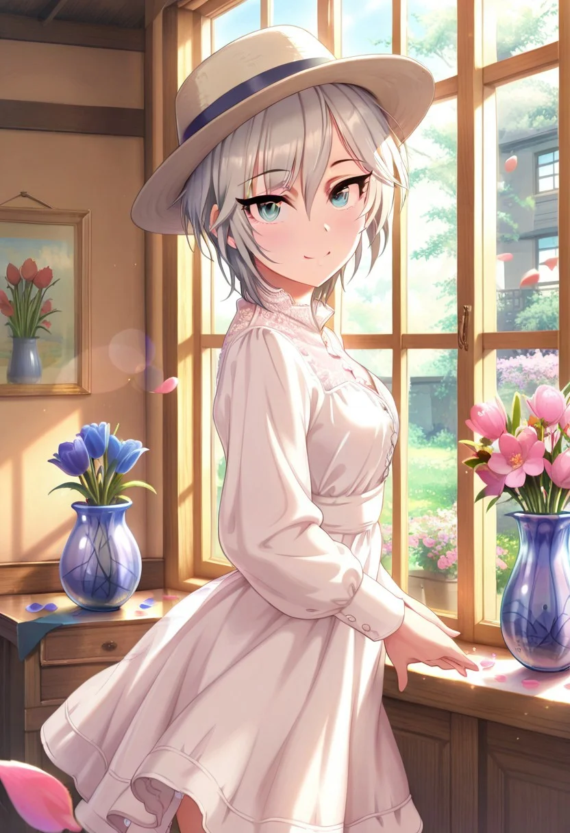 masterpiece,best quality,amazing quality, anastasia, short hair, grey hair, blue eyes, 1girl, solo, hat, vase, flower, dress, window, smile, looking at viewer, indoors, petals, lens flare