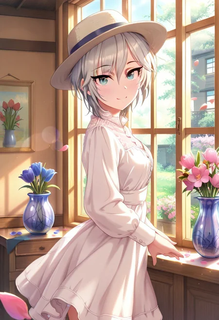 masterpiece,best quality,amazing quality, anastasia, short hair, grey hair, blue eyes, 1girl, solo, hat, vase, flower, dress, window, smile, looking at viewer, indoors, petals, lens flare