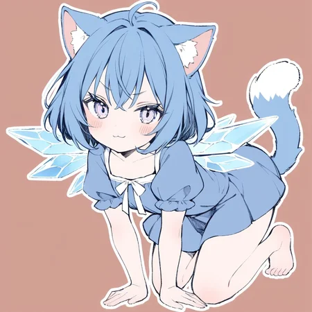 1girl,
solo, cat tail, blue dress, ahoge, smile, tail, cat ears, simple background, chibi, closed mouth, all fours, blush stickers, large bow, blue eyes, white background, blush, kemonomimi mode, bow, blue hair, ice, hair bow, ice wings, short hair, blue bow, looking at viewer, animal ears, dress, :3, wings, full body, puffy short sleeves, short sleeves, barefoot, puffy sleeves, v-shaped eyebrows,
masterpiece, best quality, safe
<lora:mki-a31-dodosako-v1-000070:1>