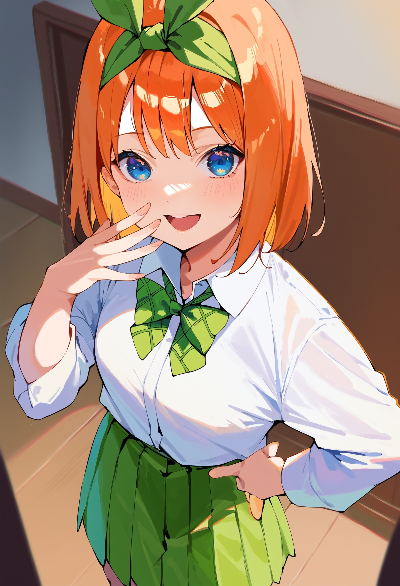 score_9, score_8_up, score_7_up, score_6_up, source anime,
abustoypnxl, nakano yotsuba, green hairband with ribbon, 1girl, orange hair, blue eyes, hand on own hip, hand up,
delicate fingers, fingernails, foreshortening,
green pleated skirt, white shirt, collared shirt, indoors, smile, open mouth, from above,
masterpiece, best quality, very aesthetic, absurdres
<lora:quintessential_quintuplets:1>