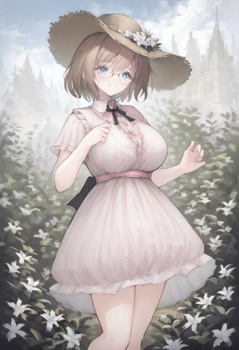 safe_pos, score_9, score_8_up, score_7_up,
masterpiece, best quality, detailed, amazing quality,
detailed background, garden, flowers,
dynamic pose,
detailed face, detailed eyes, clean eyes,
solo, 1girl, woman, short hair, brown hair, messy hair, blue eyes, curvy, wide hips, big breasts, cute,
dress, frilly, pink dress, bow, smile, round glasses, sunhat, frilly dress,