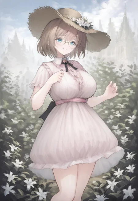 safe_pos, score_9, score_8_up, score_7_up,
masterpiece, best quality, detailed, amazing quality,
detailed background, garden, flowers,
dynamic pose,
detailed face, detailed eyes, clean eyes,
solo, 1girl, woman, short hair, brown hair, messy hair, blue eyes, curvy, wide hips, big breasts, cute,
dress, frilly, pink dress, bow, smile, round glasses, sunhat, frilly dress,