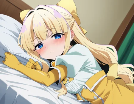 score_9, score_8_up, score_7_up, source_anime,
kaorukotenkawa, <lora:kaoruko-tenkawa-ponyxl-lora-nochekaiser:1>
kaoruko tenkawa, long hair, blue eyes, blonde hair, bow, hair bow, yellow bow,
gloves, dress, heart, elbow gloves, magical girl, yellow gloves,
indoors, bed, bed room, on side, blush, drunk,
looking at viewer, dutch angle, cowboy shot