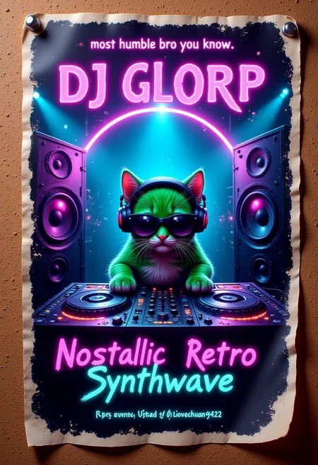 close up of a poster tacked onto an old, dirty corkboard at a local bar. the poster is bit crinkled and worn around the edges, and is tacked onto the corkboard with thumbtacks at the four corners. the poster is dark and cyberpunk themed and displays an advertisement for a popular DJ. the poster depicts a DJ who is working the turntables at a rave; the poster focuses on the DJ and his turntables. the DJ is an adorable green kitten with alien ears wearing sunglasses and large headphones. the DJ is focusing completely on his turntables. there is a light show at the rave and different color lights illuminate the DJ from various angles. to either side of him are two huge full stack speakers vibrating with the music. at the top of the poster there is bright neon purple text: "DJ Glorp: most humble bro you know." at the bottom of the poster is also bright neon purple text: "Nostalgic Retro Synthwave." there is an additonal line of text at the very bottom of the poster: "Epic events only. socials: @ilovechicen420"
aidmaTextImprover